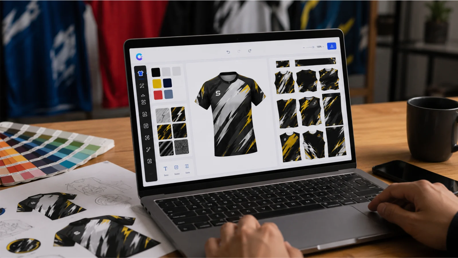 Editor Desain Cethak di browser: palet warna dan pilihan motif di kiri, mockup jersey di tengah, potongan pola per komponen di kanan