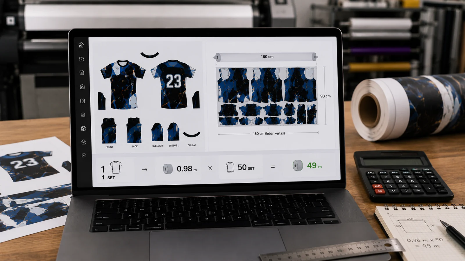 Layar Cethak menampilkan komponen jersey di kiri dan susunannya di roll selebar 160 cm di kanan, dengan hitungan kebutuhan kertas di bawahnya