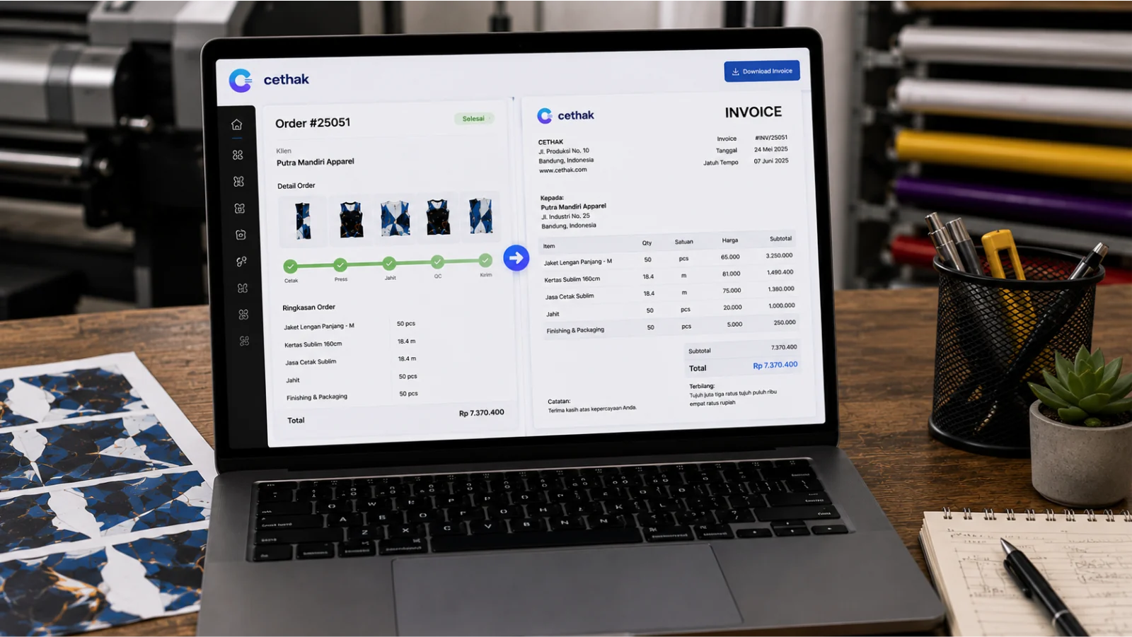 Layar Cethak menampilkan data order di kiri dan invoice PDF yang terbit otomatis dari data itu di kanan