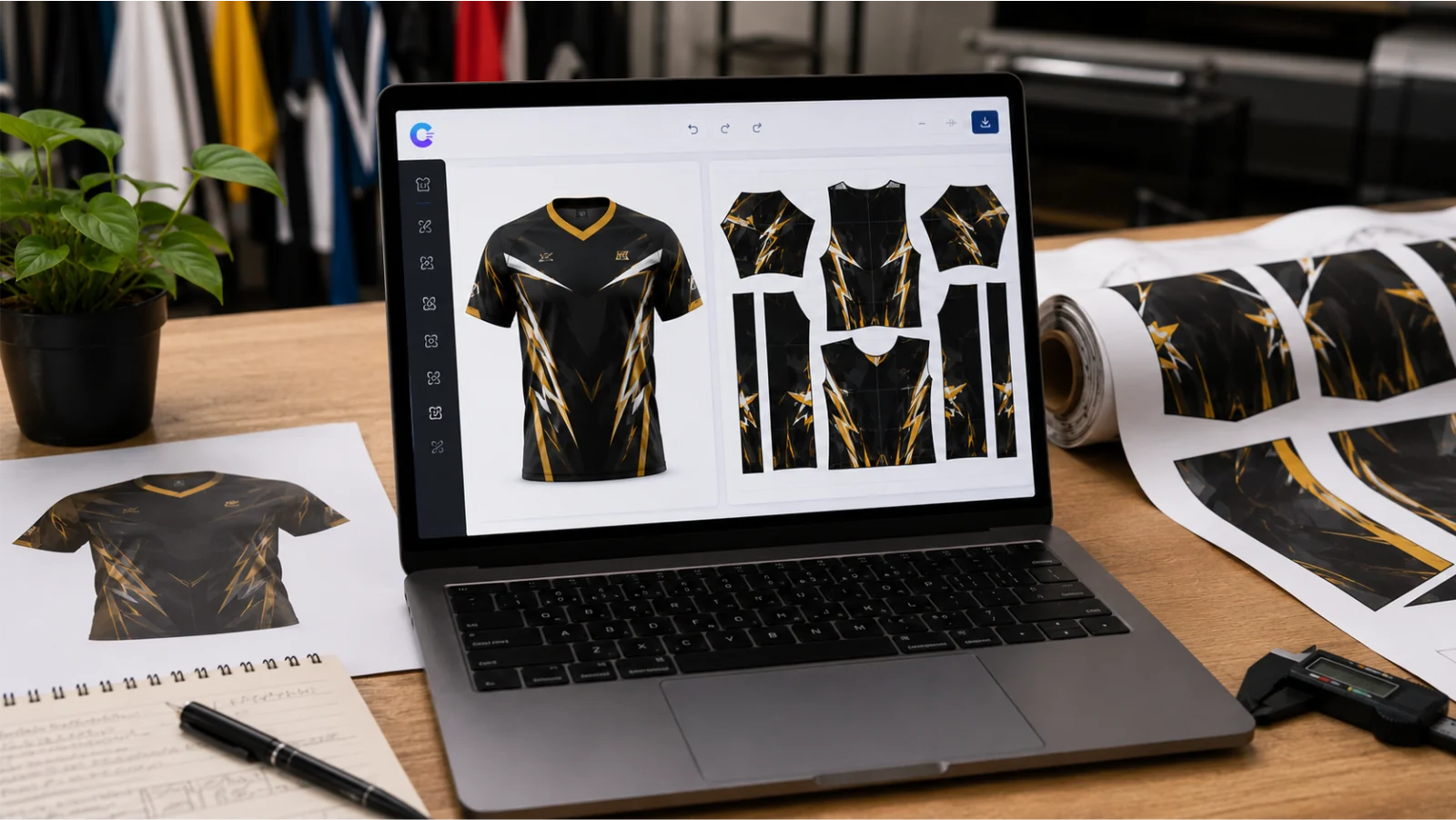 Layar Cethak menampilkan mockup jersey 3D di kiri dan hasil motif datar per komponen pola di kanan, dengan hasil cetaknya di roll
