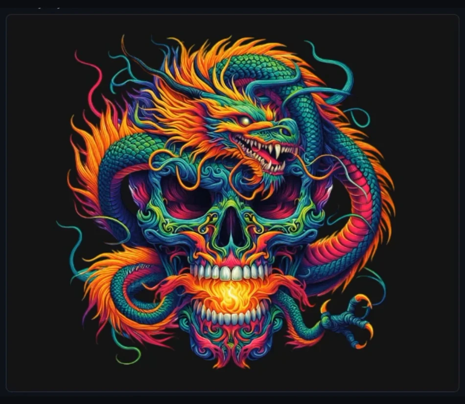 Desain tengkorak naga penuh warna hasil pisah film raster, siap sablon tanpa dibatasi warna blok